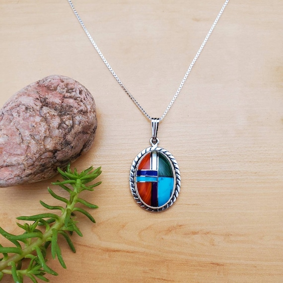 Multicolor Inlay Stone Southwest Necklace Pendant With Silver Chain Necklace | Sterling Silver Multicolor Pendant | Southwestern Jewelry