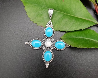 SoCute925 Large Zia Pendant With Blue and White Turquoise | Sterling Silver Zia Necklace Pendant | Southwestern Zia Turquoise Jewelry