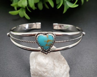 Cuff #02 | Dainty Turquoise Cuff | Sterling Silver Turquoise Heart Cuff | Simple Heart Cuff With Turquoise | Solid Silver Cuff Made in USA