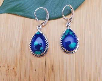 SoCute925 Azurite Malachite Leverback Earrings | Azurite Earrings | Sterling Silver | Blue and Green Earrings | Azurite Jewelry Made in USA