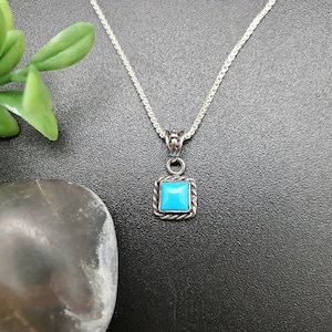 STN #57 | 5mm Quadrat Blau Türkis Halskette Anhänger Mit Silber Kette | Sterling Silber Türkis Halskette | Zierlicher blauer Türkis Anhänger