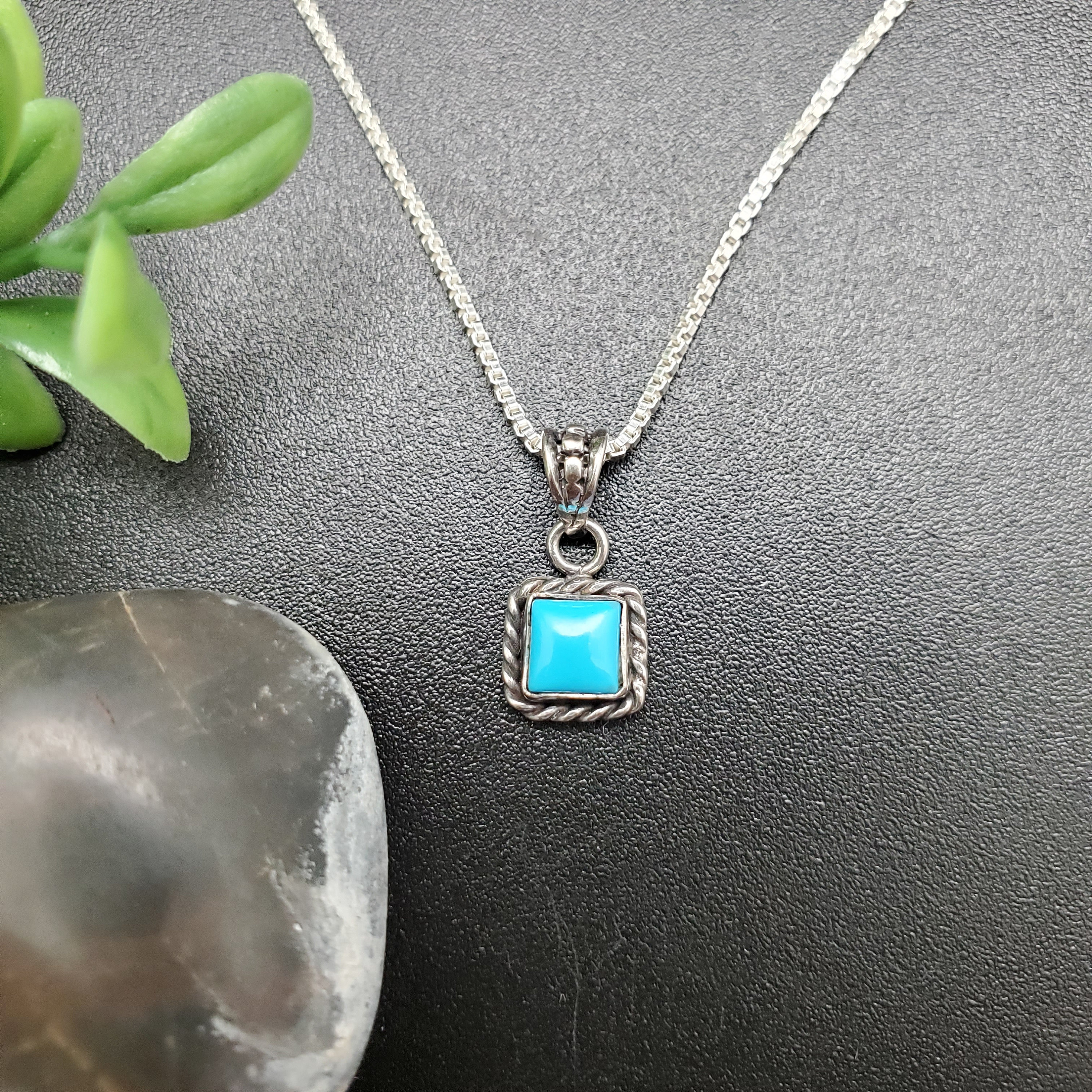 STN #57 | 5mm Square Blue Turquoise Necklace Pendant With Silver Chain ...