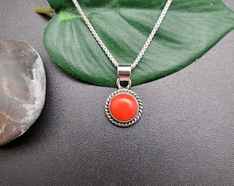 STN #252 | Dainty Red Coral Necklace Pendant With Options of Silver Chain | Sterling Silver Small 8mm Red Coral Southwest Pendant Necklace