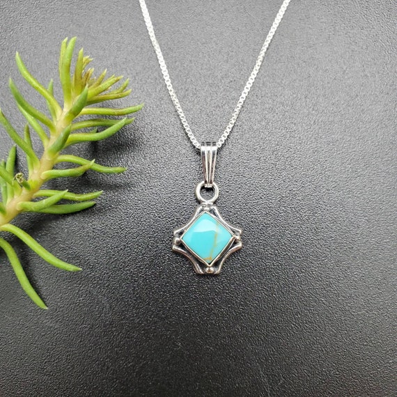 Dainty Turquoise Square Pendant With Silver Chain 16 Inch Sterling