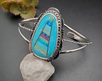 SoCute925 Big Multicolor Inlay Cuff Bracelet | Sterling Silver Inlay Bracelet Cuff | Big Bright Multicolor Southwest Bracelet | Made in USA