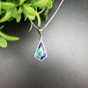 Dainty Multicolor Inlay Kite Shape Necklace Pendant With Silver Chain | Sterling Silver Inlay Necklace | Southwestern Colorful Inlay Pendant
