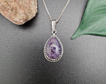 SoCute925 Dainty Teardrop Purple Charoite Necklace Pendant With Silver Box Chain | Russian Charoite Pendant Necklace | Southwest Necklace