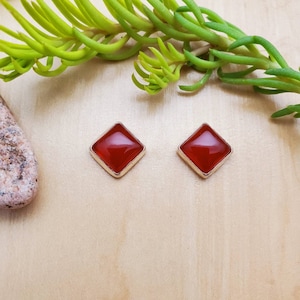 SoCute925 8mm Square Carnelian Stud Earrings | Red Stone Jewelry | Small Carnelian Post Earrings | Sterling Silver Earrings | Made in USA