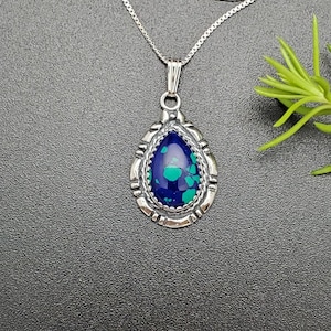 SoCute925 Big Azurite Malachite Necklace Pendant With Silver Chain Necklace 18&quot; | Big Teardrop Necklace | Sterling Silver Bridesmaid Jewelry