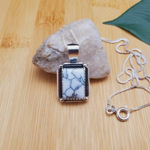 SoCute925 White Buffalo Turquoise Necklace Pendant With Silver Box Chain Necklace 18&quot; | Big Rectangle White Buffalo Necklace Made in USA