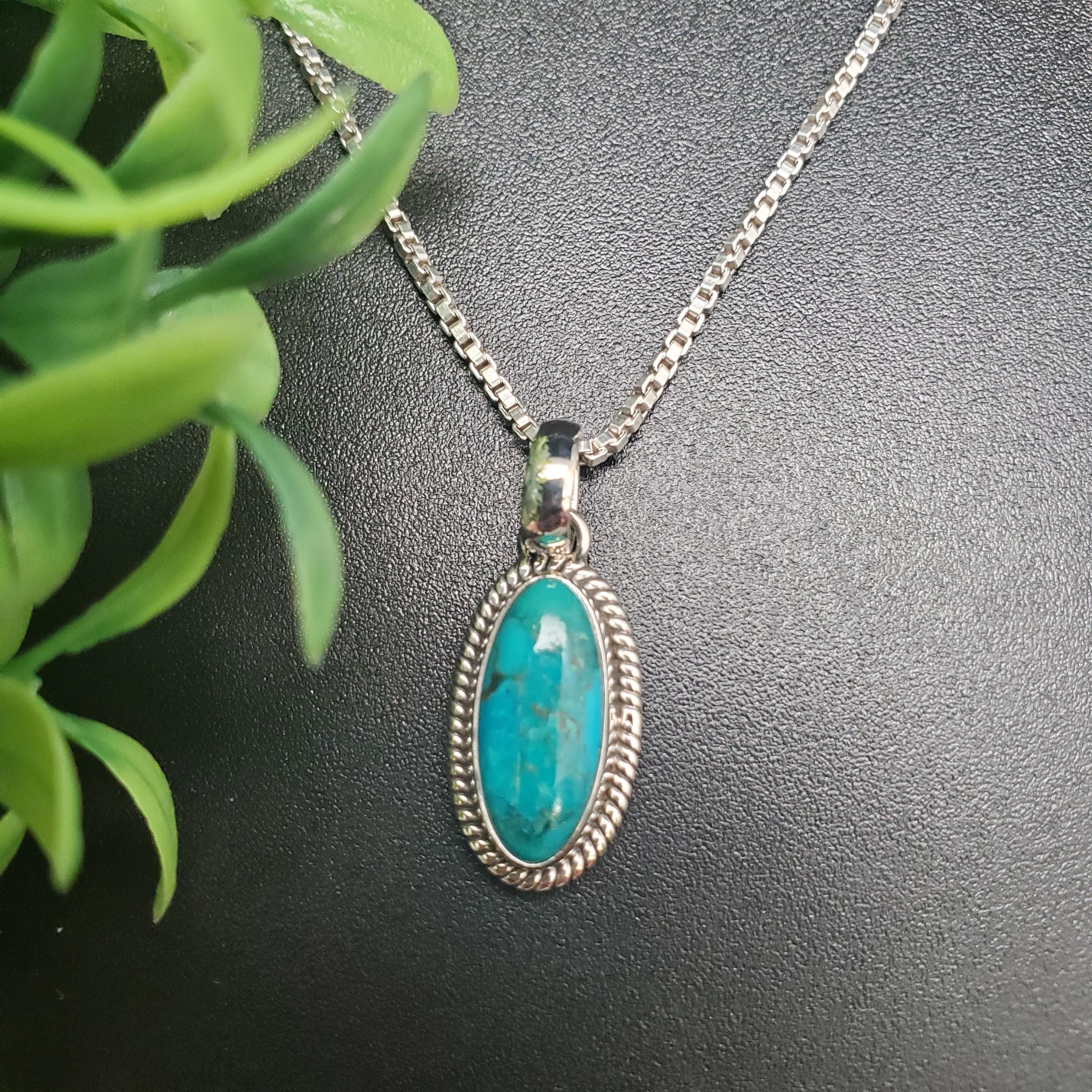 STN #103 | Long Oval Blue Turquoise Necklace Pendant With Silver