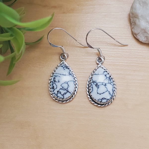 SoCute925 Large Teardrop White Buffalo Turquoise Earrings | Sterling Silver White Turquoise Dangle Earrings | Turquoise Jewelry Made in USA