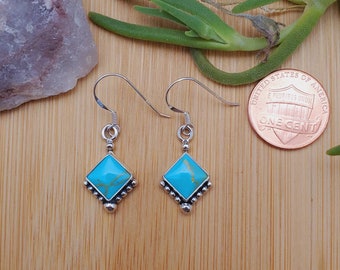 SoCute925 8mm Square Turquoise Dangle Earrings | Kingman Turquoise Earrings | Sterling Silver Turquoise Southwestern Jewerly | Made in USA