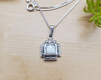 SoCute925 Zia Necklace Pendant With Silver Box Chain 18" | Sterling Silver White Buffalo Turquoise Zia Necklace | White Turquoise Necklace