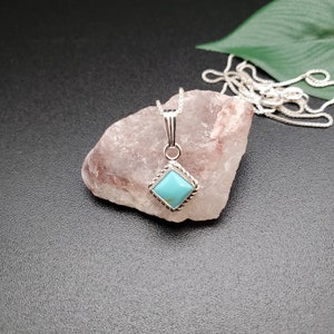 SoCute925 6mm Square Turquoise Necklace Pendant With Silver Chain Necklace 16&quot; | Sterling Silver Simple Kingman Turquoise Necklace | Dainty