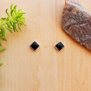 SoCute925 5mm Black Onyx Post Earrings | Black Square Studs | Sterling Silver Black Onyx Jewelry | Simple Black Studs | Dainty Black Earring