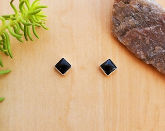 SoCute925 5mm Black Onyx Post Earrings | Black Square Studs | Sterling Silver Black Onyx Jewelry | Simple Black Studs | Dainty Black Earring