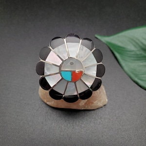 Big Multicolor Inlay Sunface Ring | Sterling Silver Sun Face Inlay Ring | Colorful Inlay Sunface | Southwestern Sun Face Jewelry Gifts Ideas