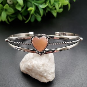 STN #C210 | Dainty Pink Shell Heart Cuff | Sterling Silver Heart Cuff | Simple Heart Cuff With Pink Mother Of Pearl | Solid 925 Silver Cuff