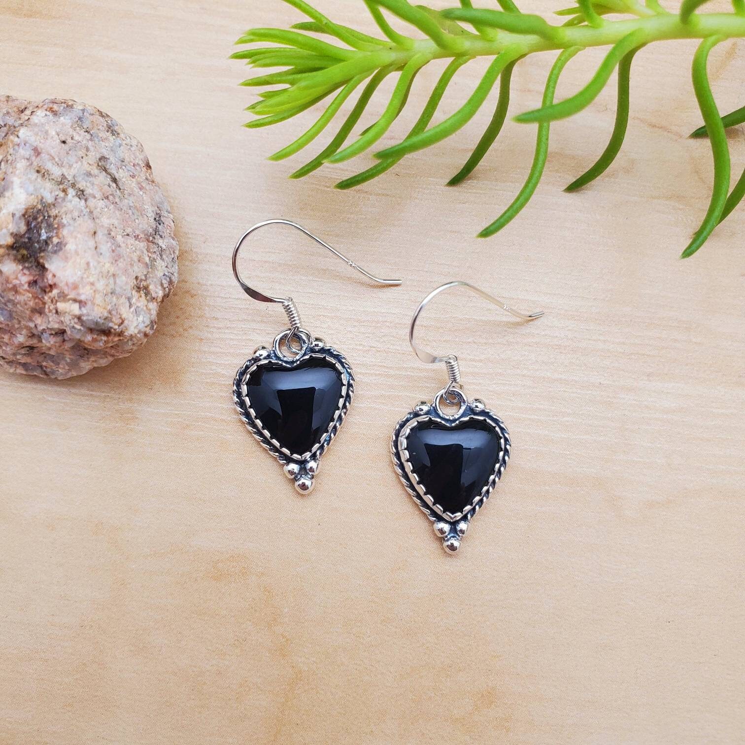 Socute925 Dainty Black Heart Earrings | Black Onyx Jewelry | Black 