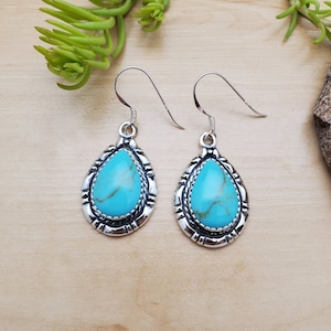 SoCute925 Kingman Turquoise Earrings | Turquoise Earrings | Dangle Earrings | Turquoise Drops | Silver Concho Earrings | Blue Earrings