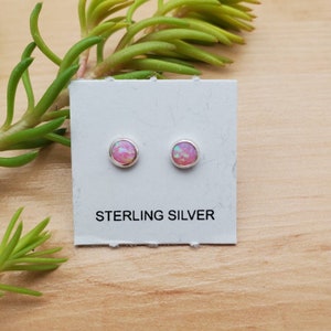 SoCute925 4mm Tiny Pink Opal Stud Earrings | Pink Opal Post Earrings | Sterling Silver Pink Opal Studs | Fire Pink Opal Jewelry Made in USA