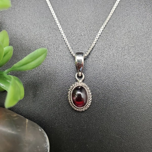 STN #48 | 6x8mm Oval Red Garnet Necklace Pendant With Silver Chain | Sterling Silver Garnet Gemstone Necklace | Small Dainty Garnet Pendant