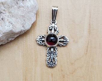 SoCute925 Small Red Garnet Cross Necklace Pendant Without Chain | Sterling Silver Cross Pendant | Dainty Garnet Southwest Cross Made in USA