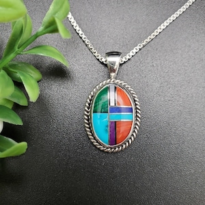 STN #22 | Oval Stone 13x18 Multicolor Inlay Necklace Pendant With Silver Chain Necklace | Sterling Silver Multicolor Inlay Pendant Necklace
