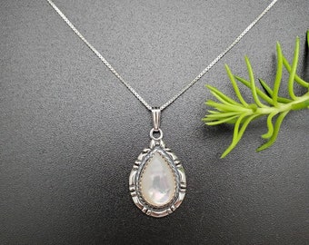 SoCute925 Big White Mother of Pearl Necklace Pendant With Silver Chain Necklace 18" | Sterling Silver Necklace | Big White Teardrop Necklace