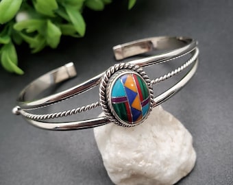 STN #C215 | Multicolor Inlay Cuff Bracelet | Sterling Silver Inlay Bracelet Cuff | Big Bright Multicolor Southwest Bracelet | Gift For Her
