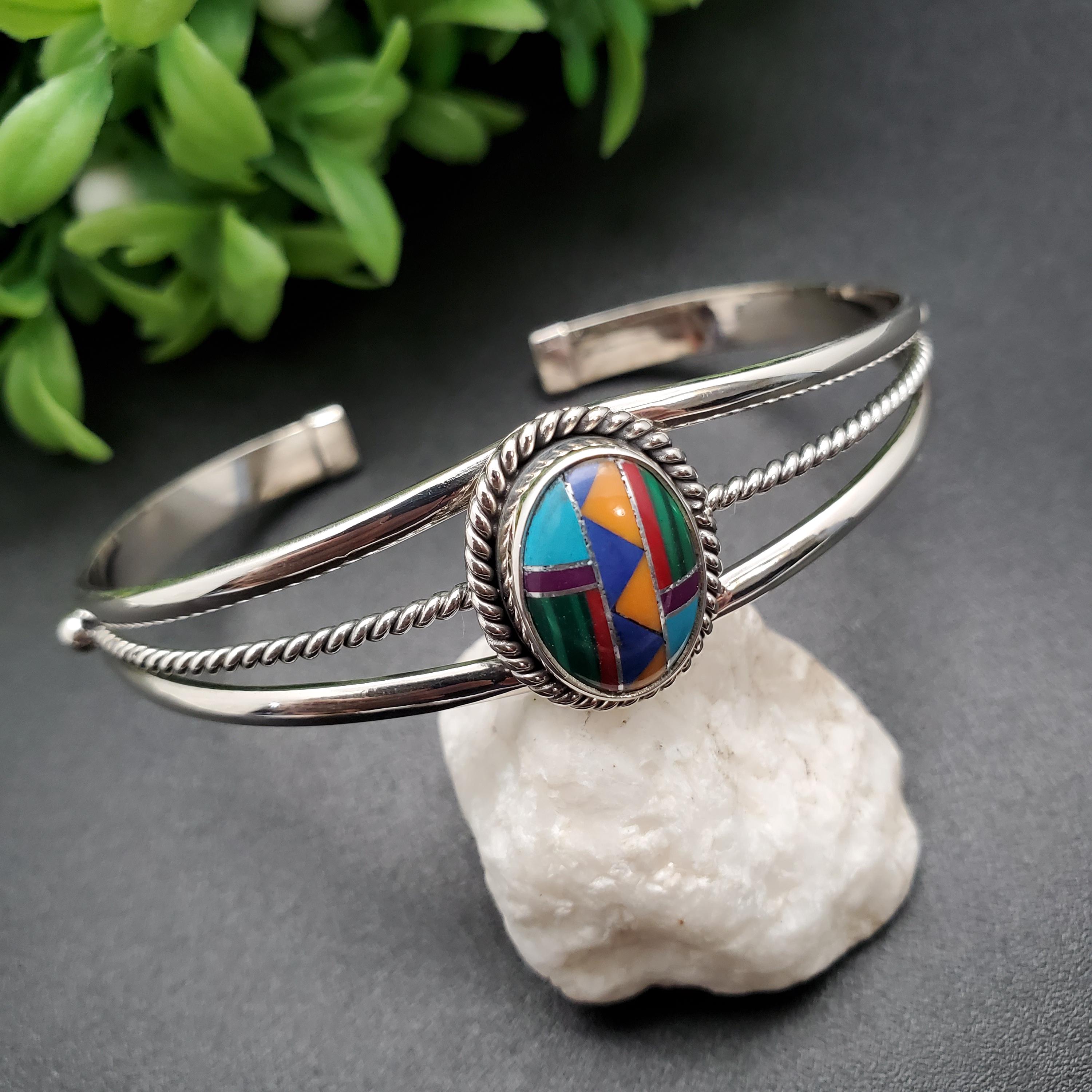 STN #C215 | Multicolor Inlay Cuff Bracelet | Sterling Silver Inlay 