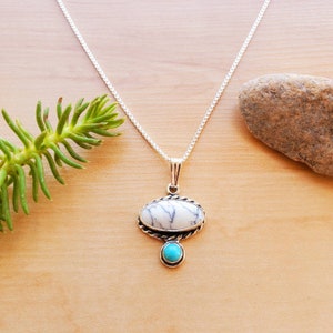 SoCute925 White Buffalo Turquoise Necklace | Silver White Turquoise and Kingman Turquoise Pendant Pendant With Silver Box Chain Necklace 18&quot;