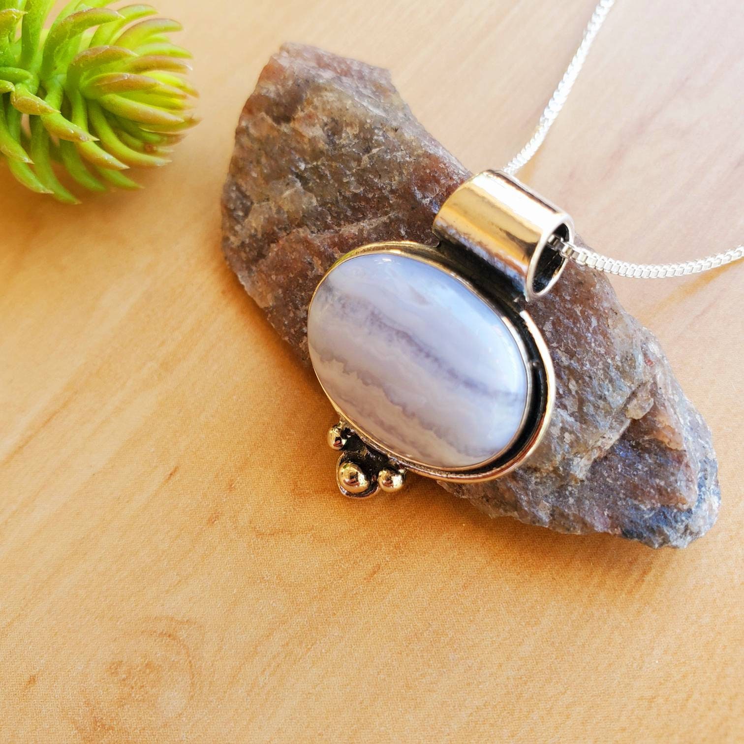 SoCute925 ビッグブルーレースアゲートネックレスペンダント シルバー