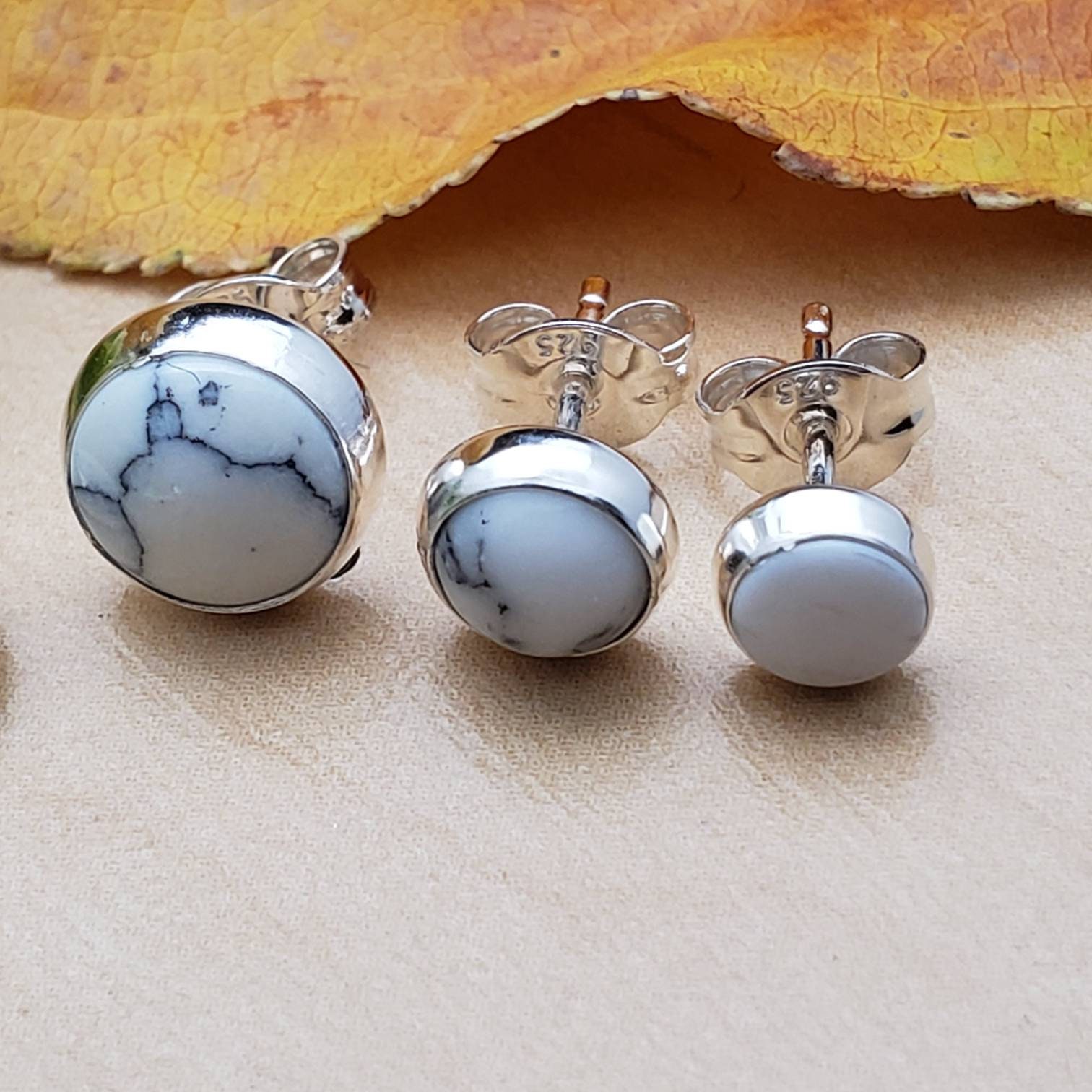 SoCute925 White Buffalo Turquoise Studs | Sterling Silver White Turquoise Stud Earrings 3 Sizes 5mm, 6mm, 8mm Turquoise Dainty Made in USA