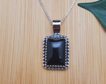 SoCute925 Lovely Black Onyx Necklace Pendant With Silver Box Chain Necklace 18" | Sterling Silver Black Onyx Rectangle Pendant Necklace