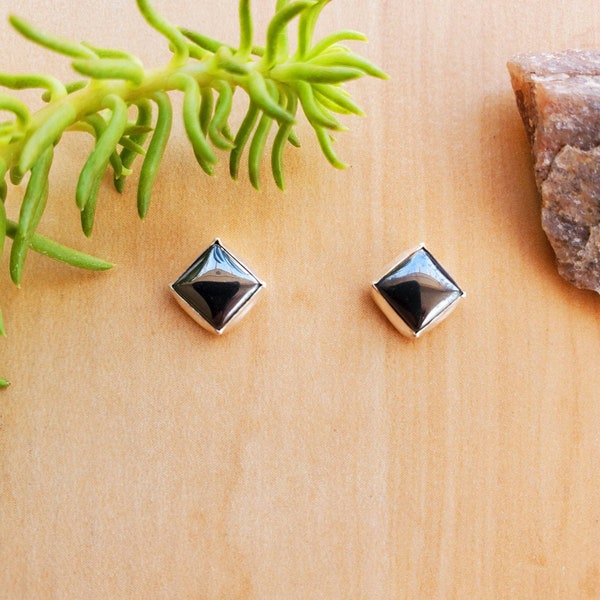 SoCute925 6mm Hematite Square Post Earrings | Sterling Silver Hematite Studs | Healing Stone Earrings | Silver Hematite Jewelry Made in USA