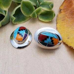 SoCute925 Inlay Silver Post Earrings | Sterling Silver Multicolor Earrings | Multicolor Concho Earrings | Small Concho Southwestern Jewelry