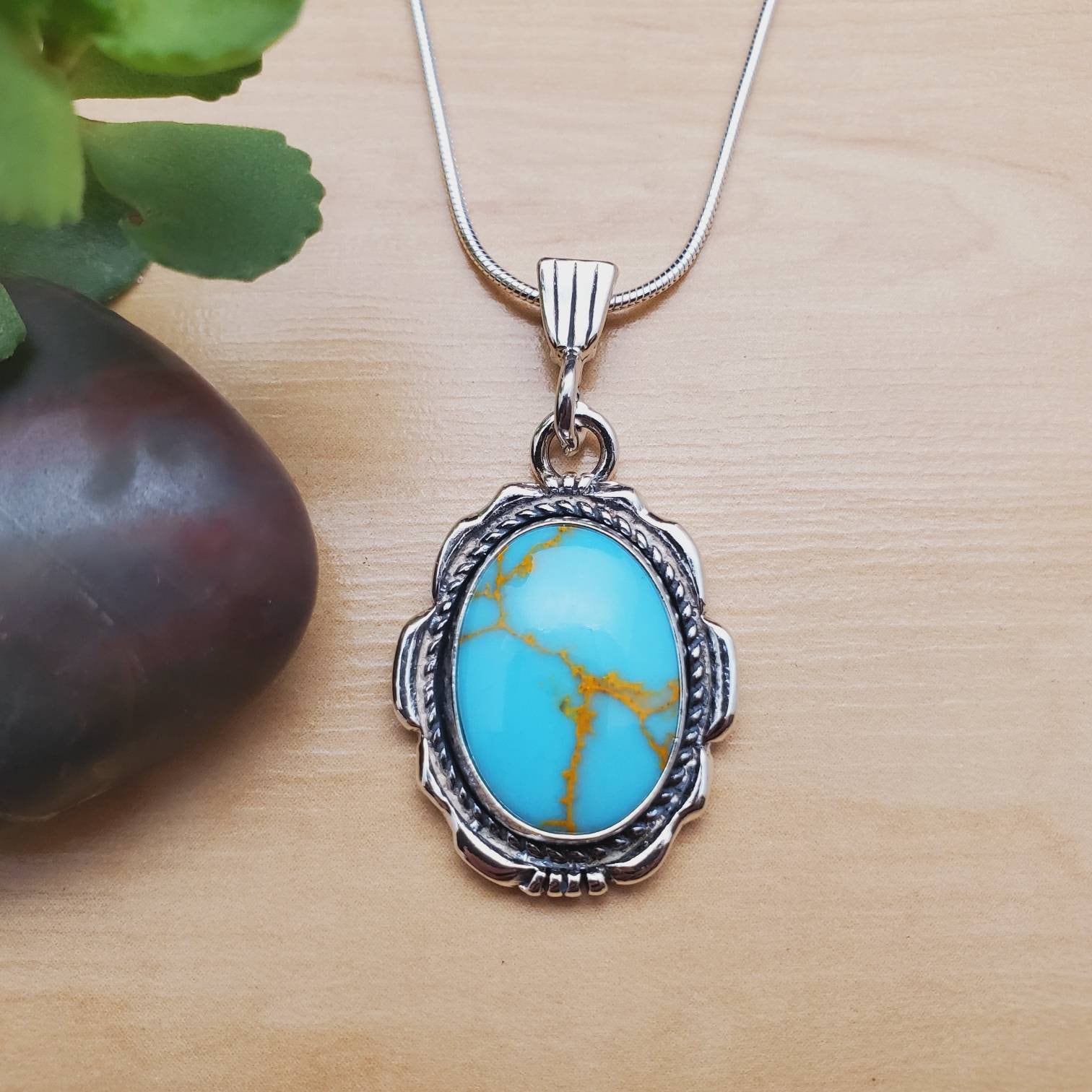 Socute925 Large Turquoise Necklace Pendant With Silver Snake Chain 