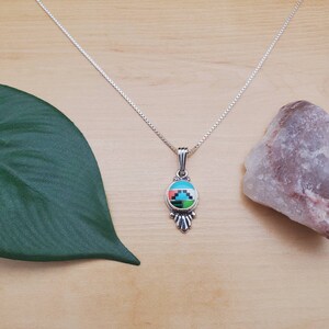 SoCute925 Small Multicolor Necklace Pendant With Silver Box Chain Necklace 18" | Sterling Silver Multicolor Inlay Pendant Necklace | Boho