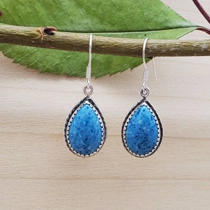 May include: A pair of silver dangle earrings with blue gemstone teardrop shaped drops. The earrings have a silver filigree design around the edges of the stones.