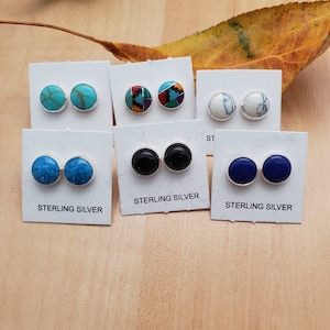 SoCute925 8mm Round Studs | Turquoise | Multi colors | Lapis | Denim Lapis | Black Onyx | Silver Studs | 6 Colors To Choose | Simple Posts