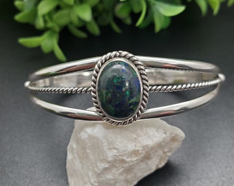 STN #C148 | Small 10x14mm Oval Shape Azurite Malachite Cuff Bracelet | Sterling Silver Azurite Gemstone Bracelet | Dainty Southwest Bracelet