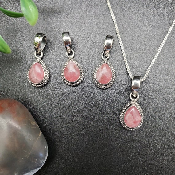 Rhodochrosite Pendant Necklace with Chain Sterling Silver Rhodochrosite Pendant Necklace with Chain Sterling Silver