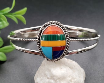 STN#C179 | Dainty Multicolor Bracelet Cuff | Sterling Silver Inlay Southwestern Bracelet Cuff | Big Simple Cuff | Inlay Cuff | Gift For Her