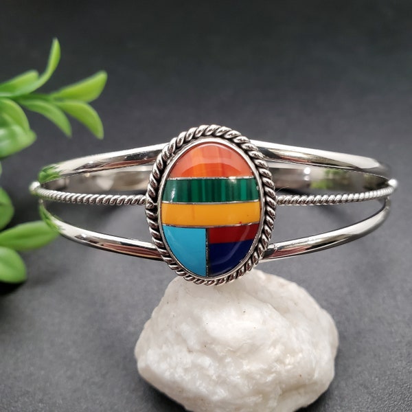 STN#C179 | Dainty Multicolor Bracelet Cuff | Sterling Silver Inlay Southwestern Bracelet Cuff | Big Simple Cuff Signed Sonny TN | Inlay Cuff