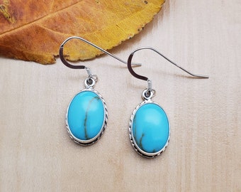 Lovely Oval Kingman Turquoise Dangle Earrings | Sterling Silver Turquoise Earrings | Turquoise Southwestern Earrings | Gift For Her