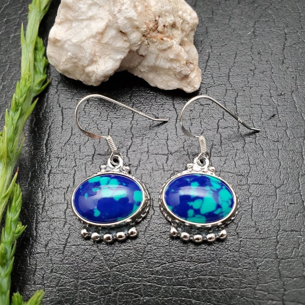 SoCute925 Azurite Malachite Dangle Earrings | Big Azurite Earrings | Sterling Silver Dangle Earrings | Big Azurite Jewelry | Made in USA