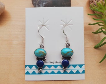 SoCute925 Lovely Sterling Silver Southwest Earrings | Kingman Turquoise and Blue Lapis Dangle Earrings | Turquoise Lapis Jewelry Made in USA