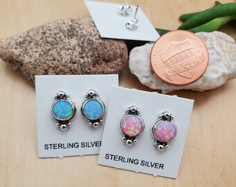 SoCute925 Dainty Opal Stud Earrings | Blue or Pink Opal Studs | Sterling Silver Opal Post Earrings | Dainty Small Opal Studs | Made in USA